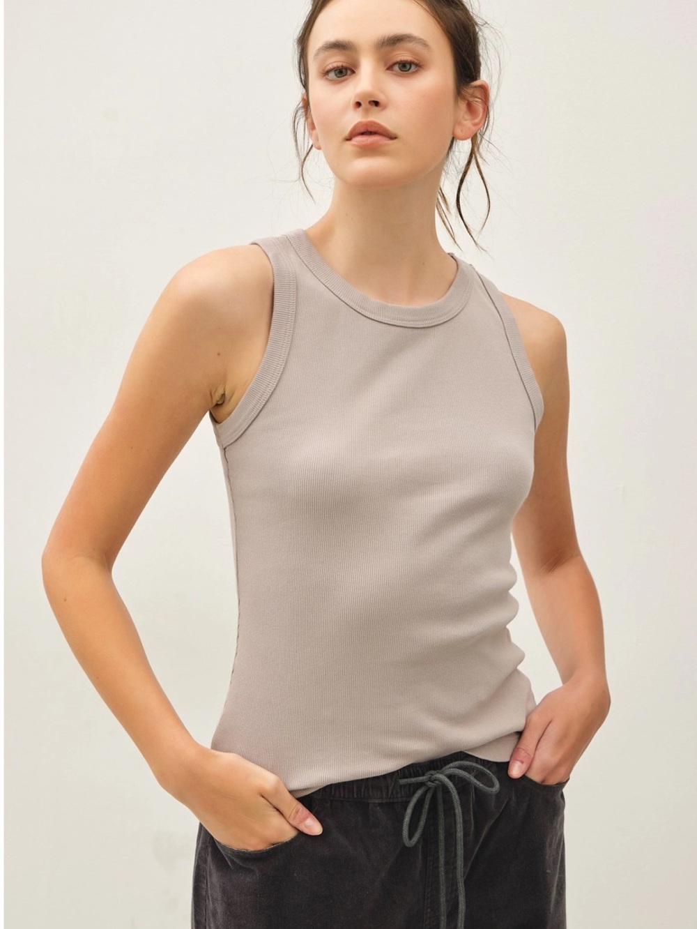 BE COOL Taupe Ribbed Scoop Neck Tank